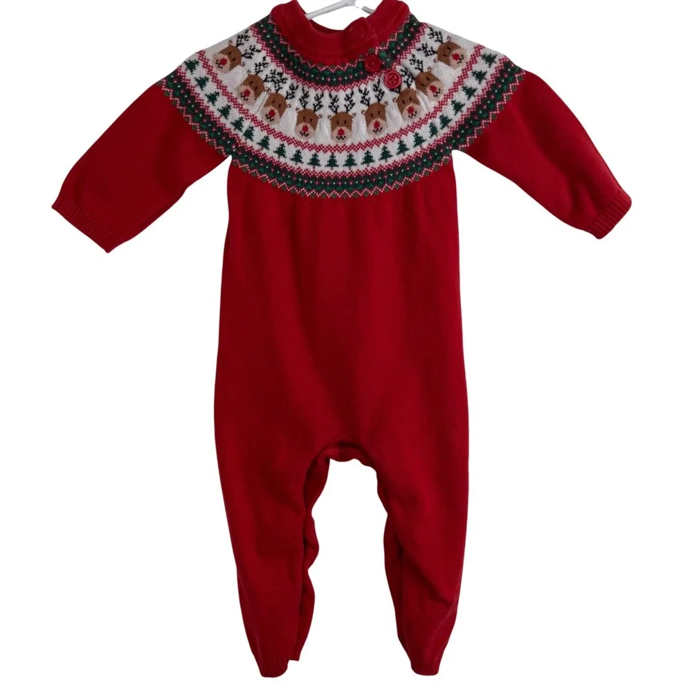 Gymboree Red Reindeer Fair Isle Knit Baby Romper Jumpsuit 9-12 Months Christmas‎